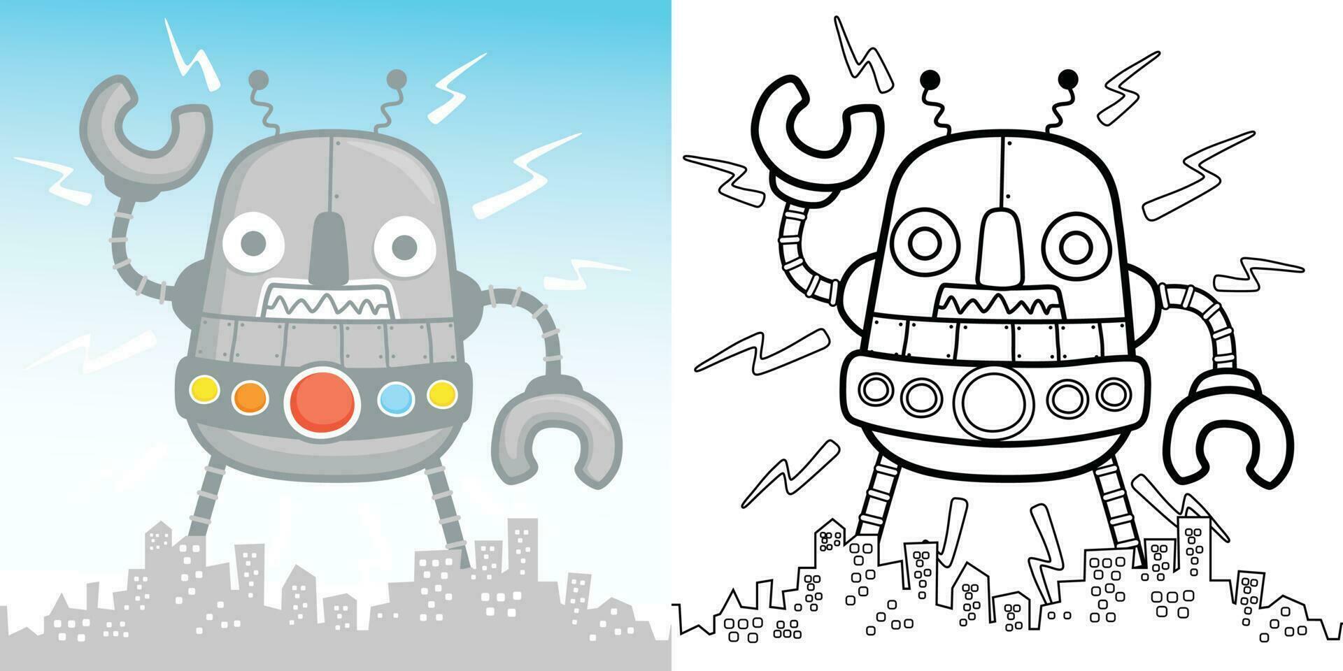 Vector cartoon of big robot attack city. Coloring book or page