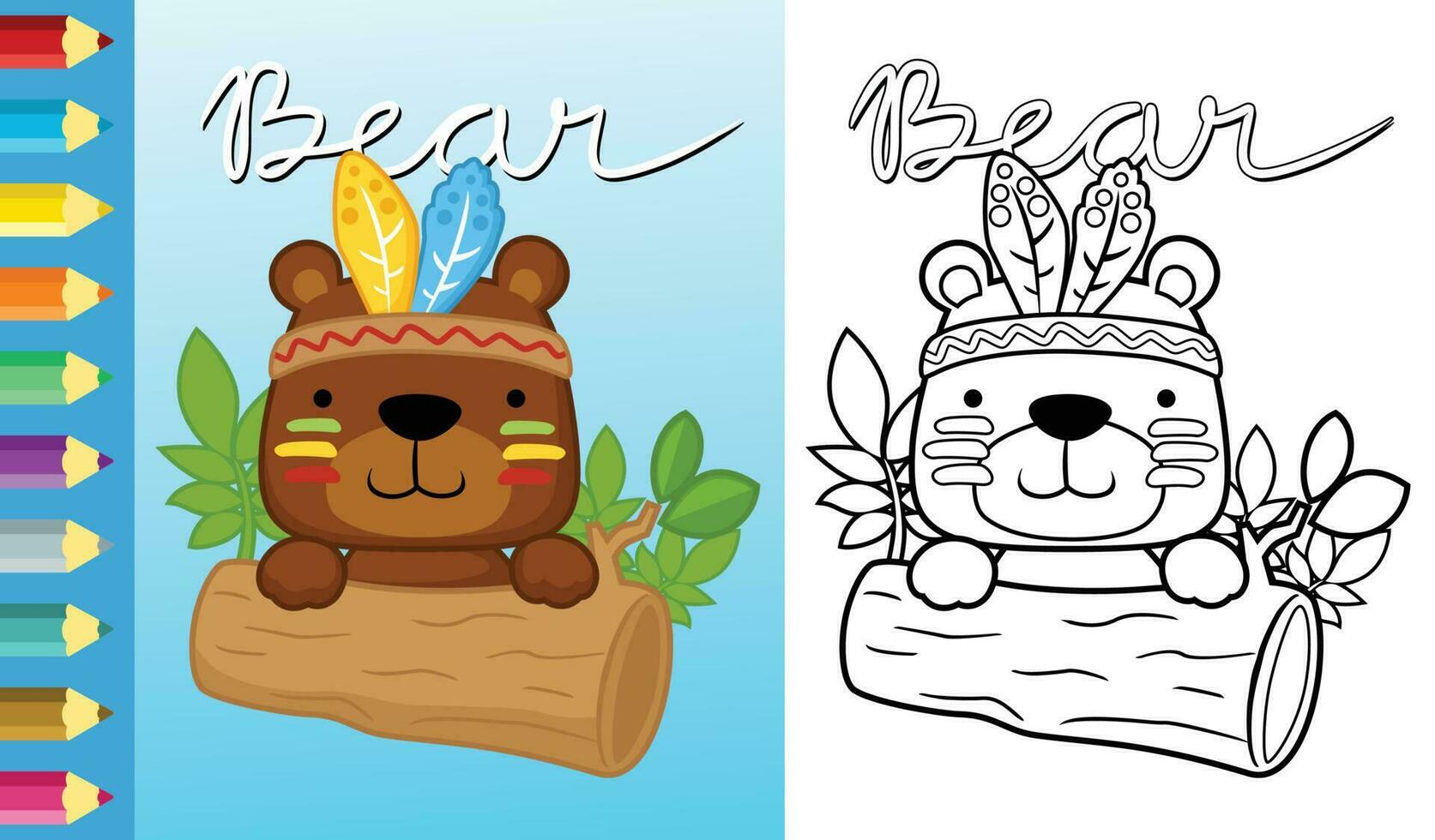 Vector illustration of cartoon bear with feather headdress on tree trunk. Coloring book or page