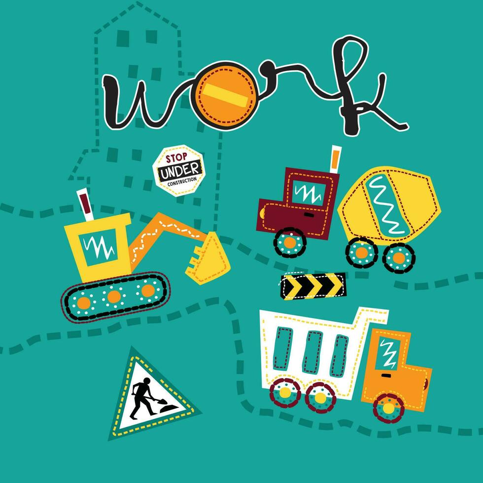 Construction vehicles cartoon in build process with construction signs vector