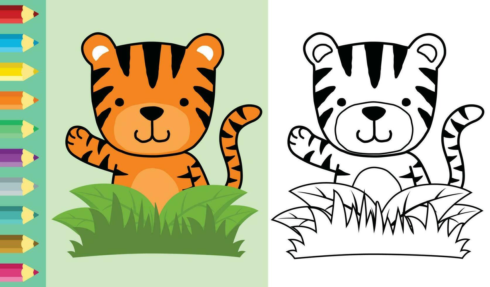 vector ilustración de linda Tigre apareciendo desde arbusto mientras levantamiento mano. colorante libro o página