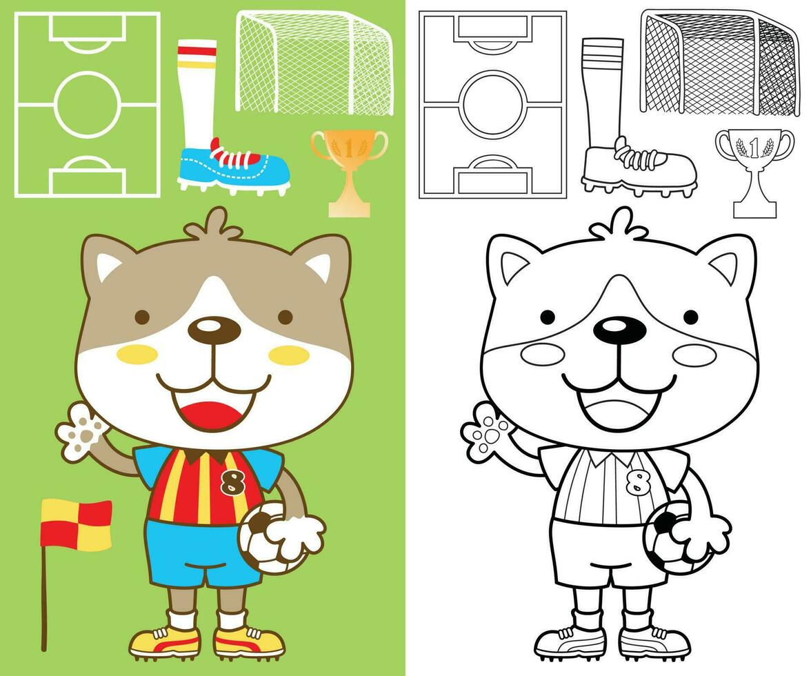 Vector cartoon of cute cat in soccer player costume holding ball with football elements, coloring book or page