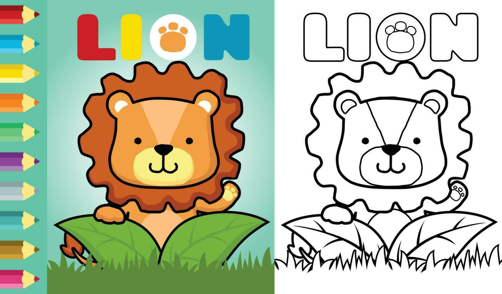Vector illustration of cute lion cartoon appearing from bush. Coloring book or page