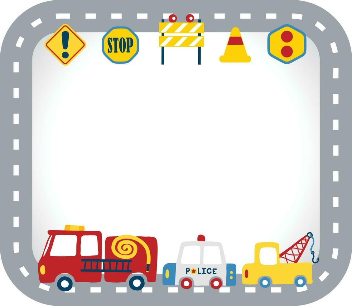 Vector cartoon of emergency vehicles with road signs, empty frame border text template