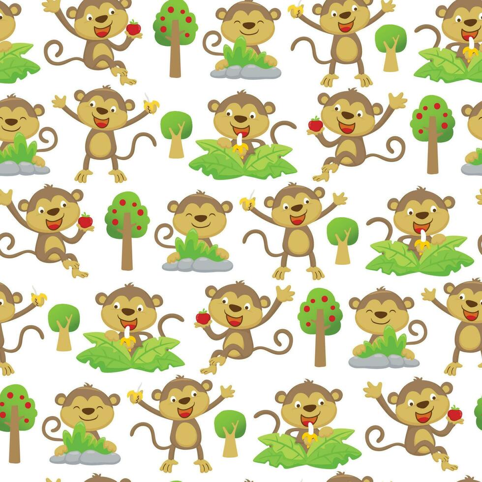 Seamless pattern vector illustration, group of funny monkey cartoon in different activity with fruits and trees
