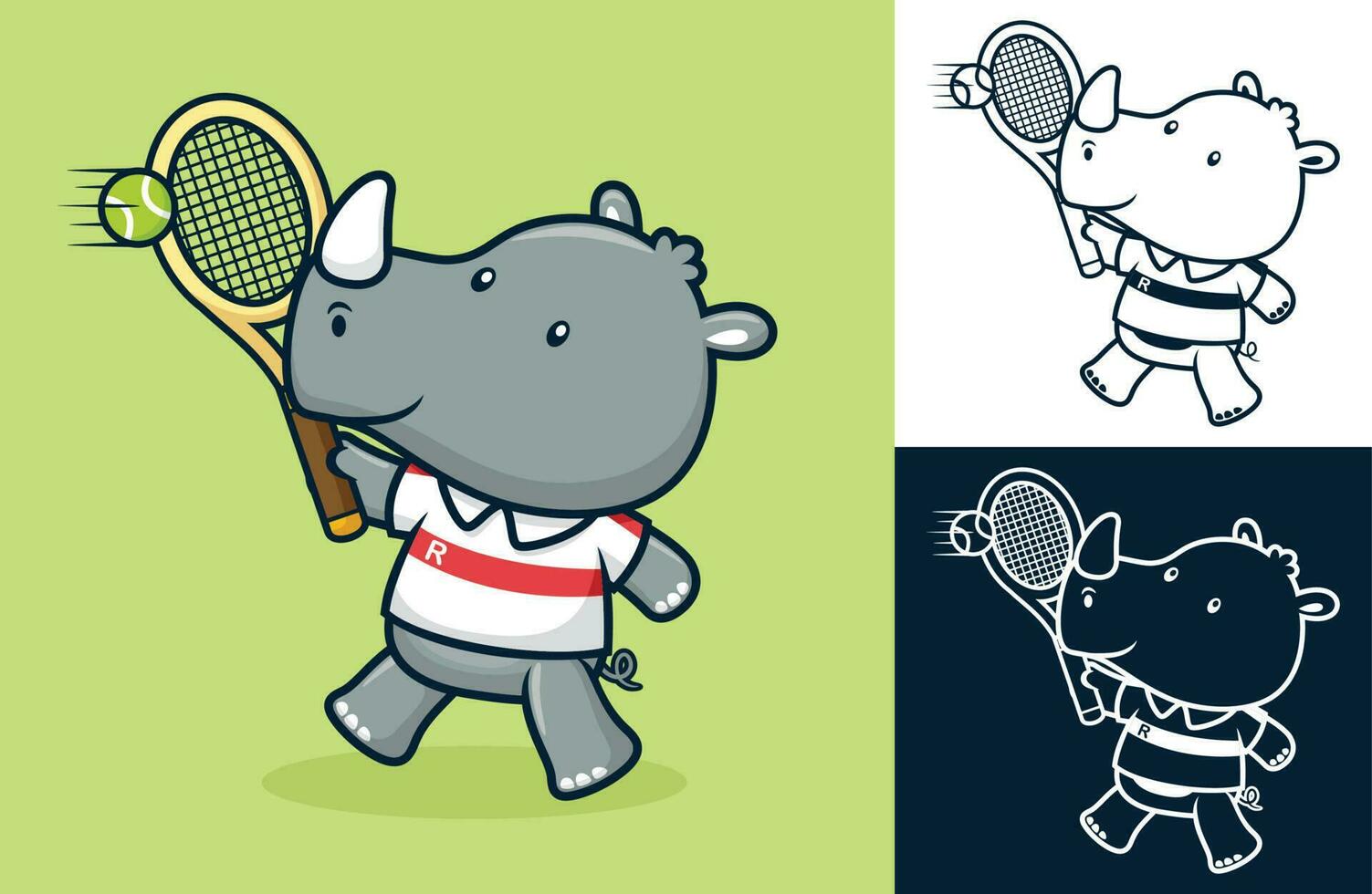 Cute rhino the tennis player. Vector cartoon illustration in flat icon style
