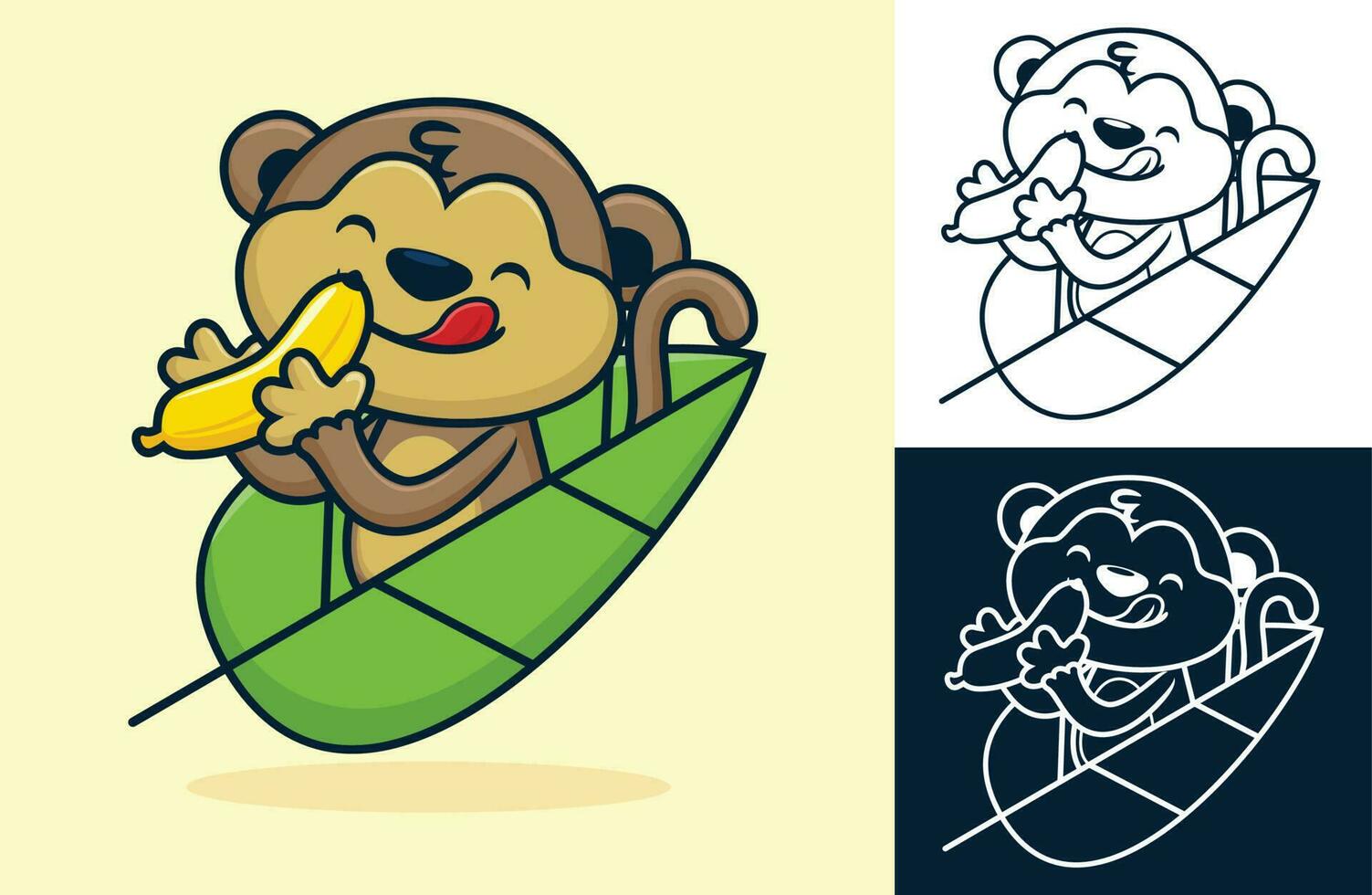 Funny monkey holding a banana on leaf. Vector cartoon illustration in flat icon style