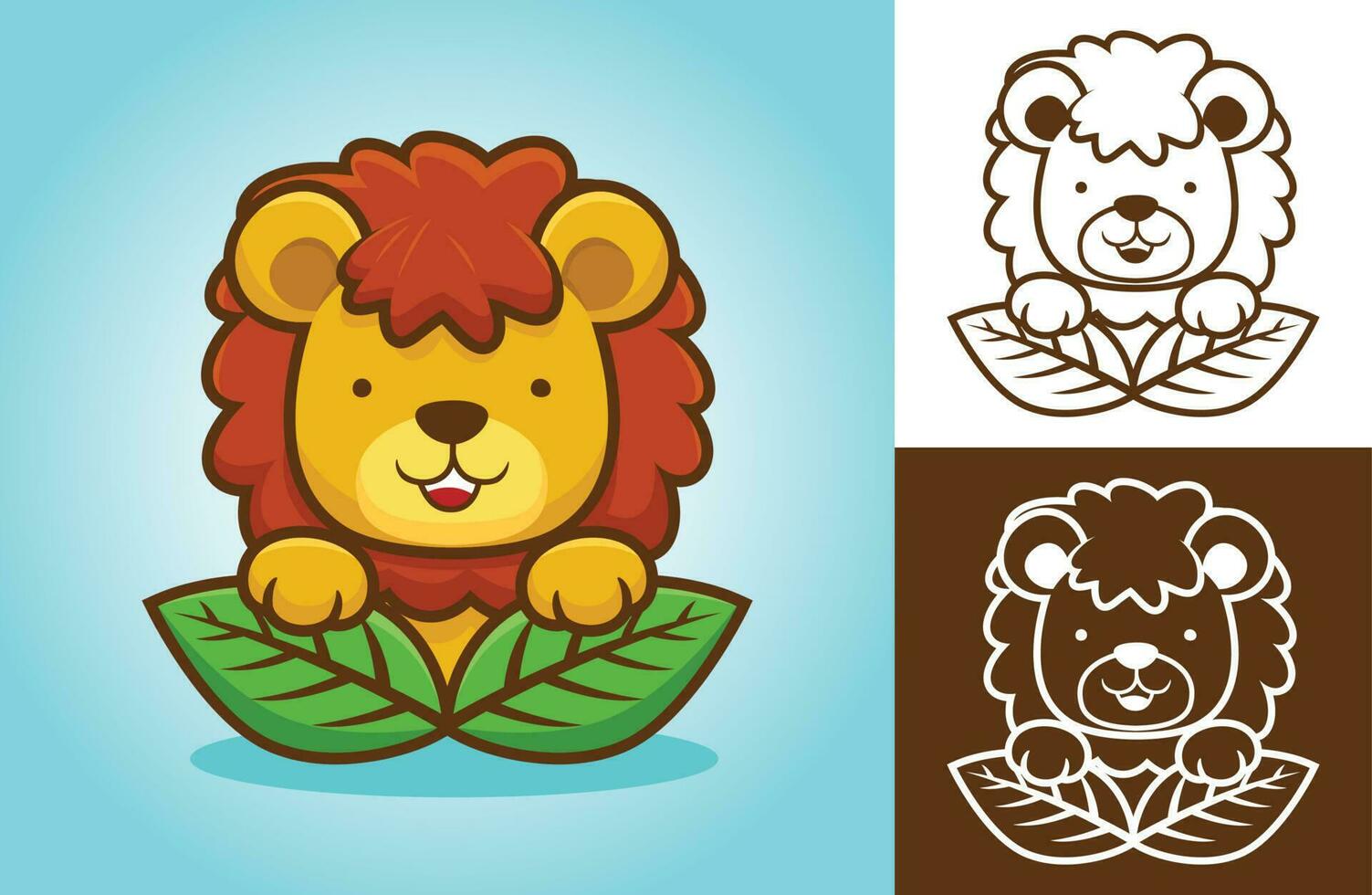 Cute lion playing peek a boo, appearing from leaves. Vector cartoon illustration in flat icon style