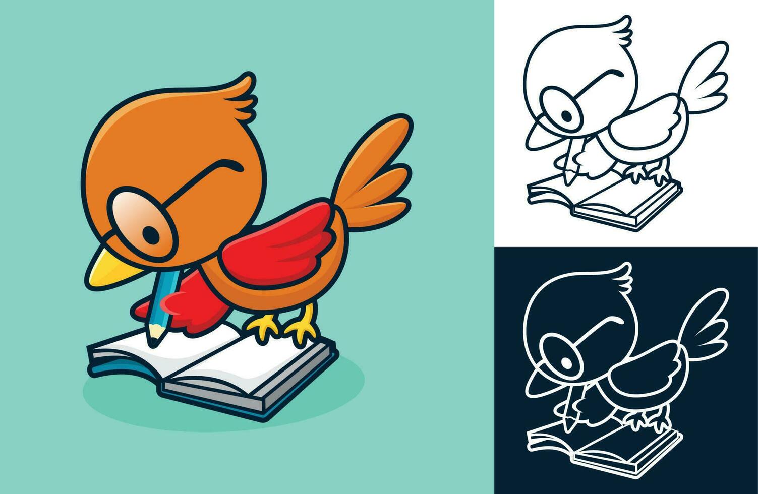 Cute bird use glasses, writing in a book. Vector cartoon illustration in flat icon style