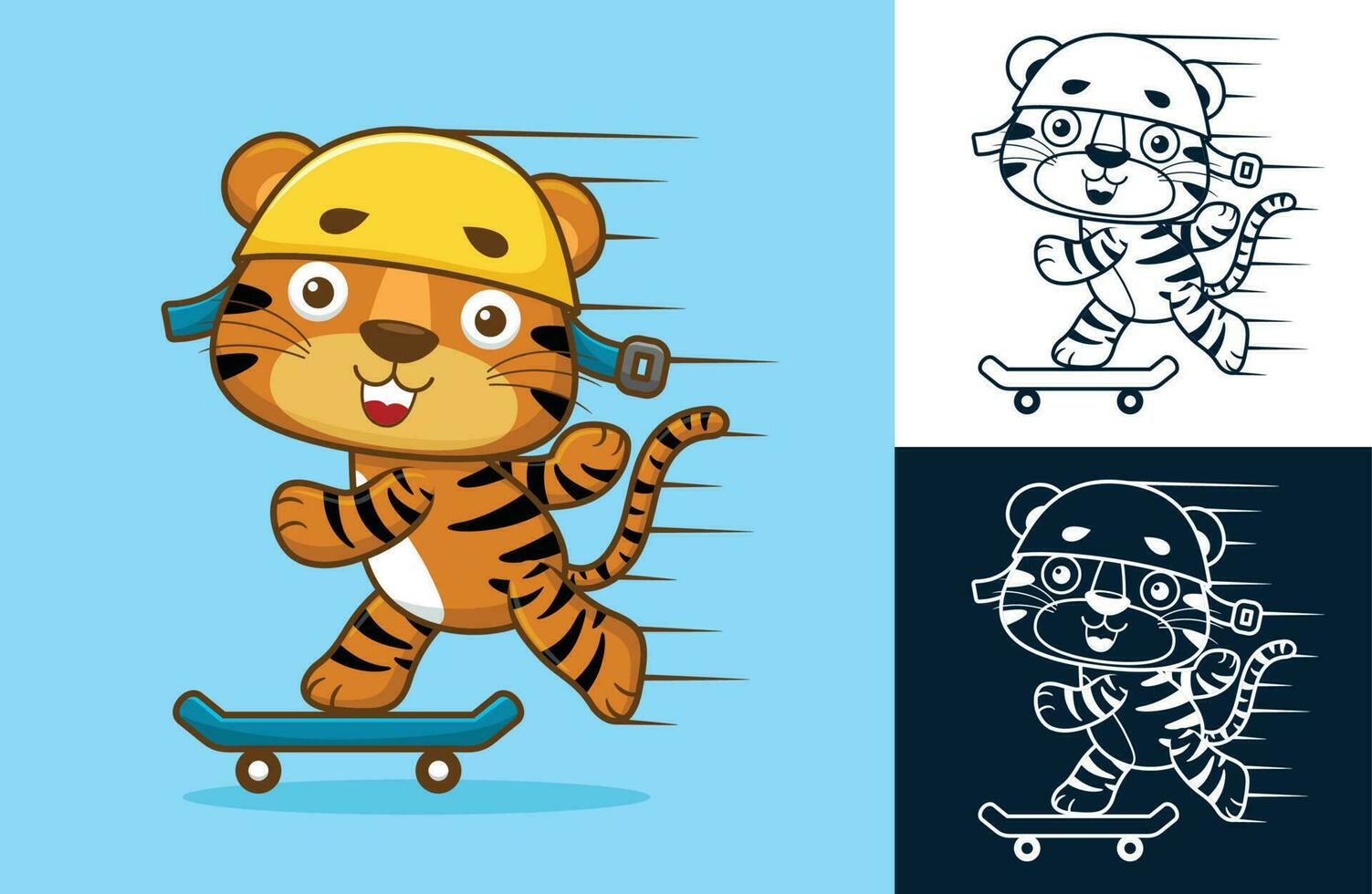 linda Tigre vistiendo casco jugando patineta. vector dibujos animados ilustración en plano icono estilo