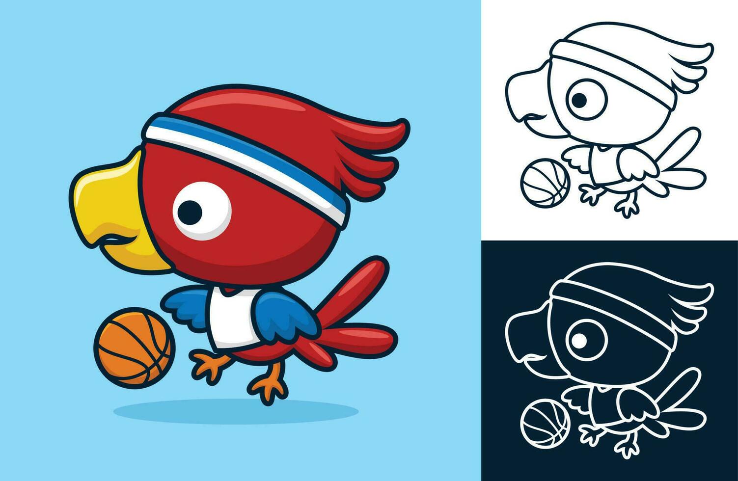 Cute bird playing basketball. Vector cartoon illustration in flat icon style