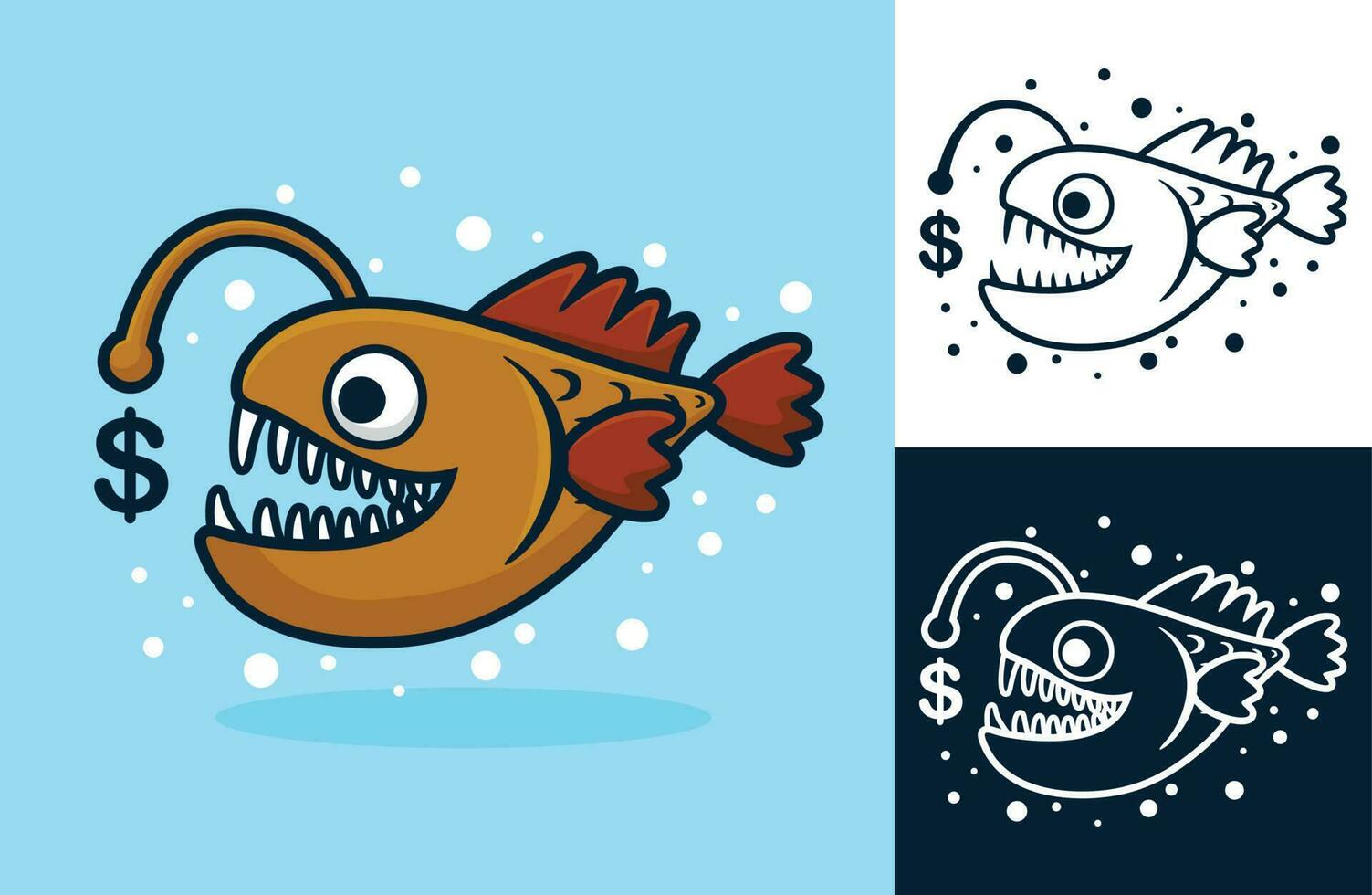 pescador de caña pescado con dólar moneda símbolo. vector dibujos animados ilustración en plano icono estilo