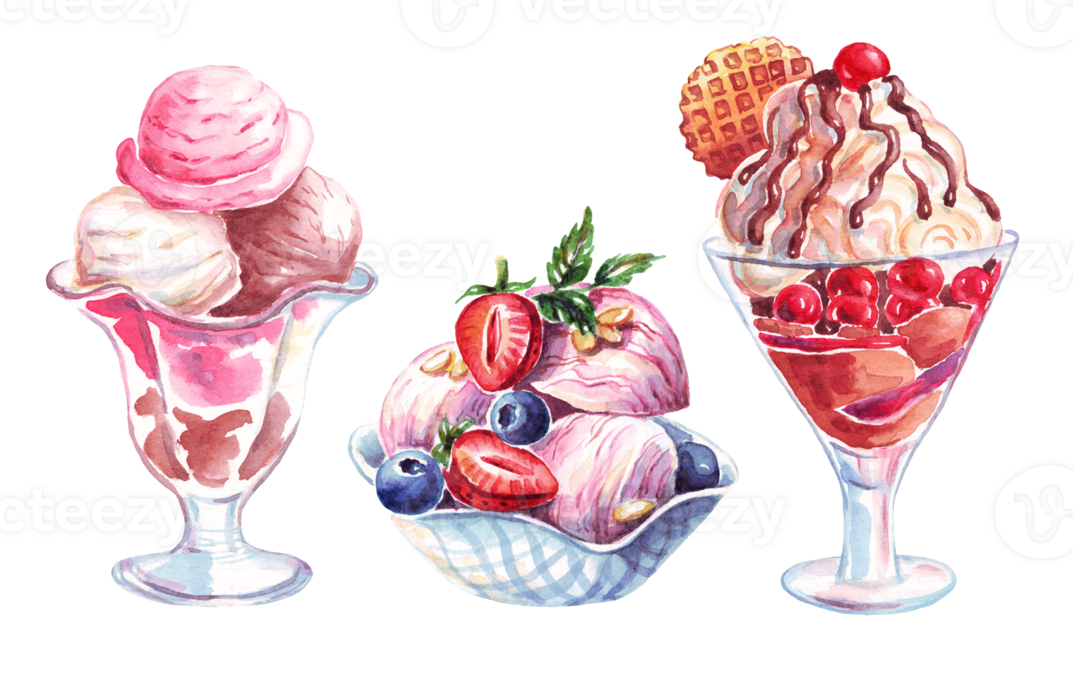 Ice creams set. Watercolor illustration png