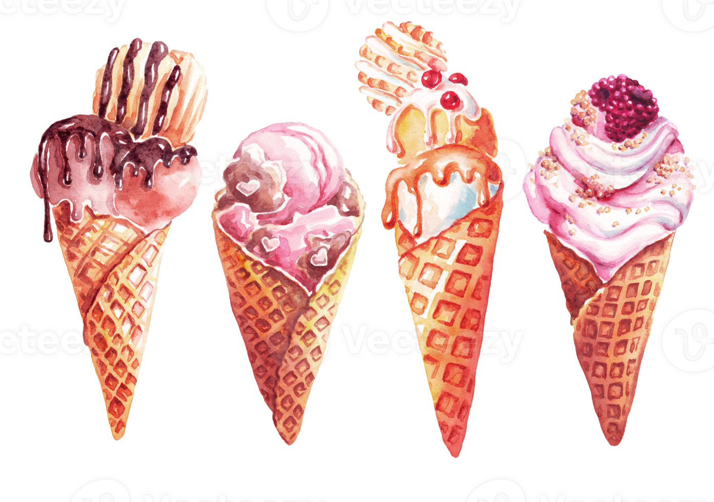 Ice creams set. Watercolor illustration png