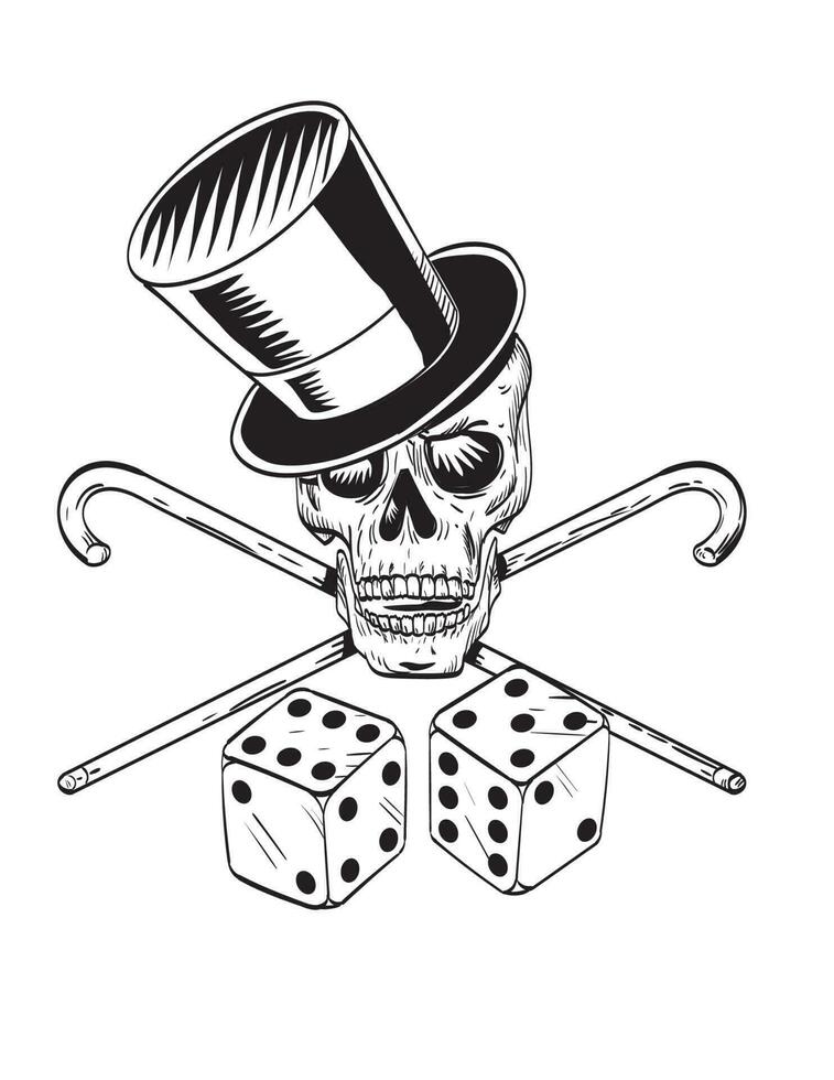 Skull Wearing Top Hat  with Crossed Cane and Dice Front View Comics Style Drawing vector