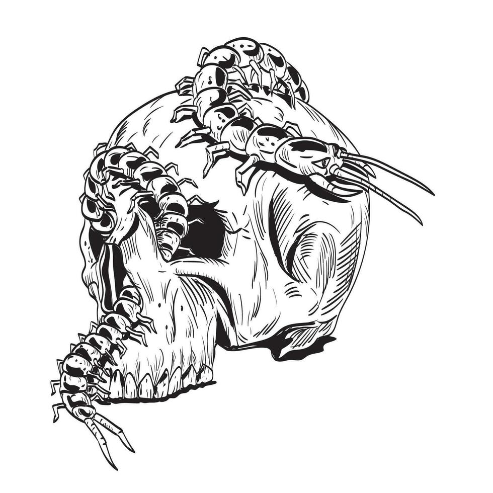 humano cráneo con ciempiés yendo dentro ojo enchufe historietas estilo dibujo vector