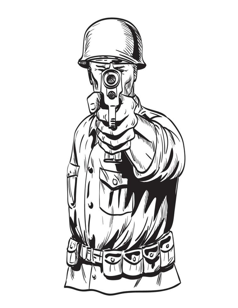 World War Two American GI Soldier Aiming Pistol Viewed from Front Comics Style Drawing vector