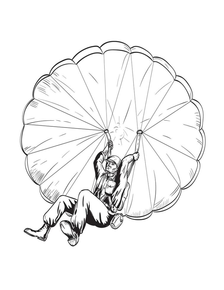 World War Two American GI Soldier Paratrooper Military Parachutist Viewed from Low Angle Comics Style Drawing vector