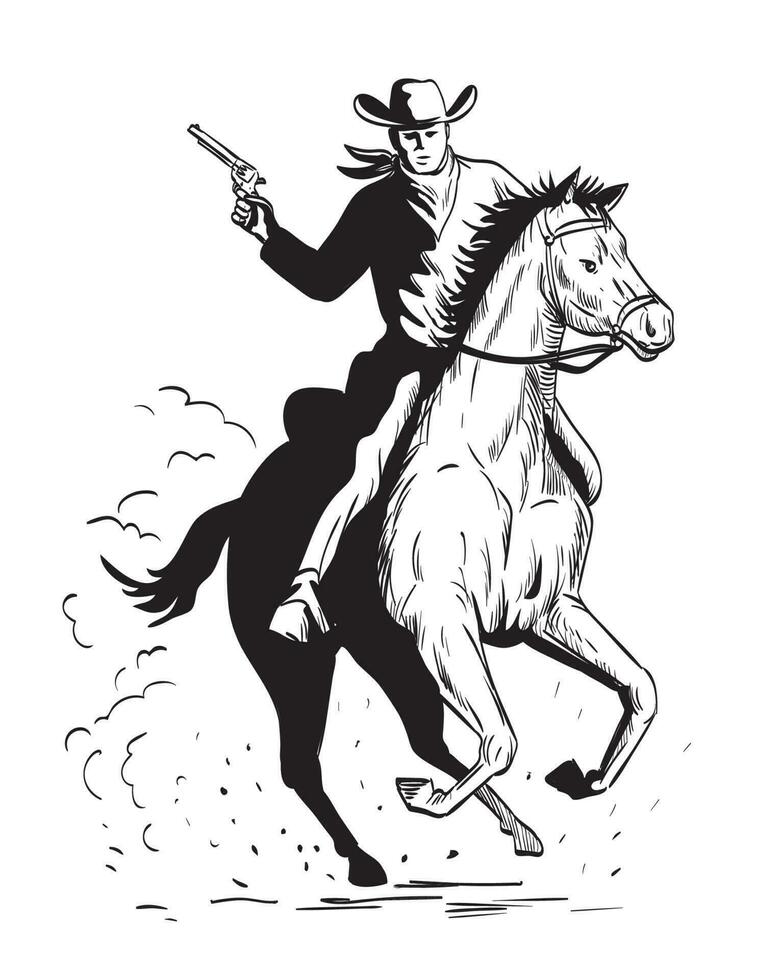 Cowboy with Pistol Riding a Galloping Horse Comics Style Drawing vector
