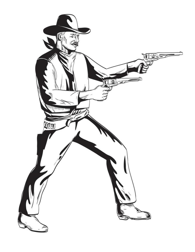 Cowboy with Two Pistol Revolver Aiming Side View Comics Style Drawing vector