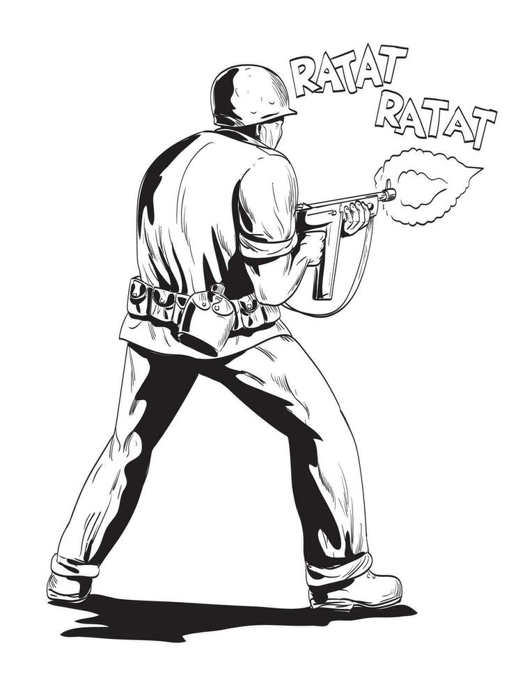 World War Two American GI Soldier Firing Aiming Rifle Viewed from Rear Comics Style Drawing vector