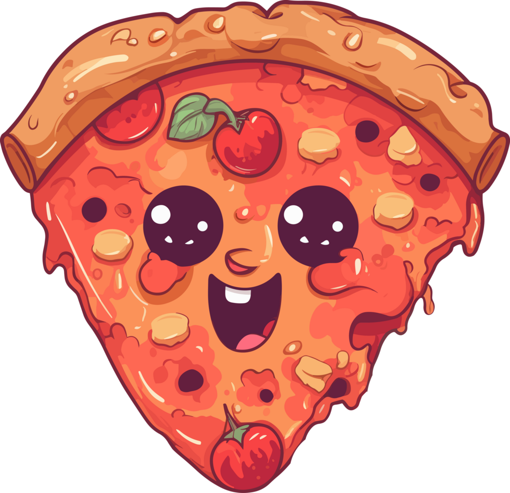 Kawaii pizza slice illustration. Cute happy fast food character icon mascot drawing. Adorable cartoon for card, textile print, kids menu, stickers png