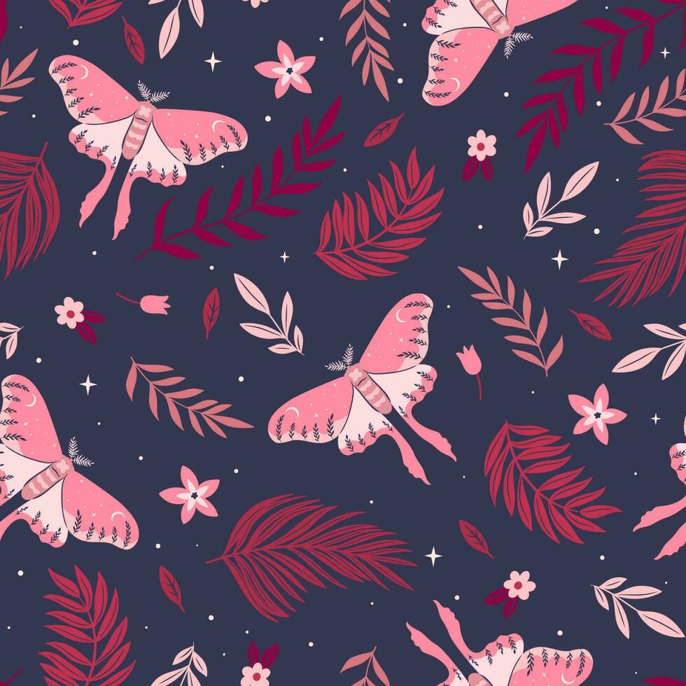 Seamless pattern with moon moths, flowers and leaves. Vector graphics.