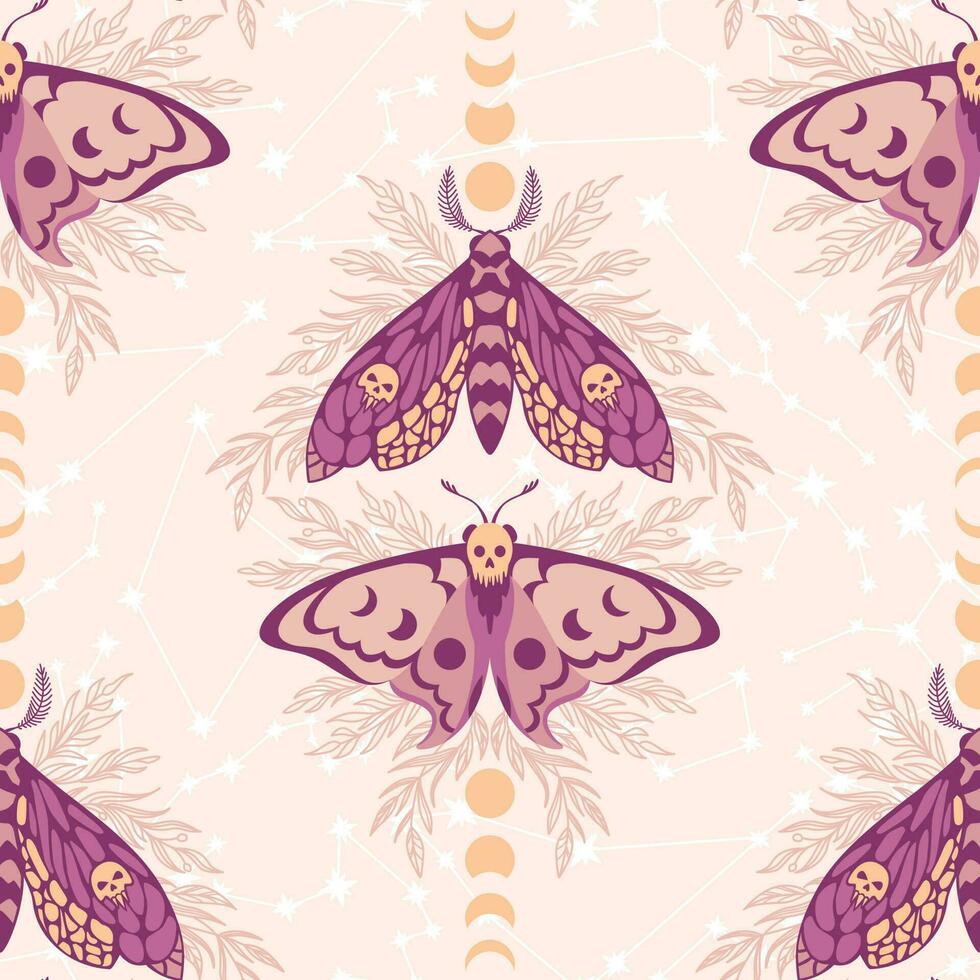 Vector pattern with night moths and moon phases