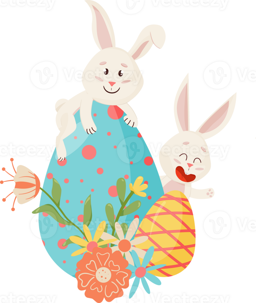 Bunnies Character. Sitting on Egg, Smiling Funny, Happy Easter Cartoon Rabbits with Eggs, Flower.PNG png