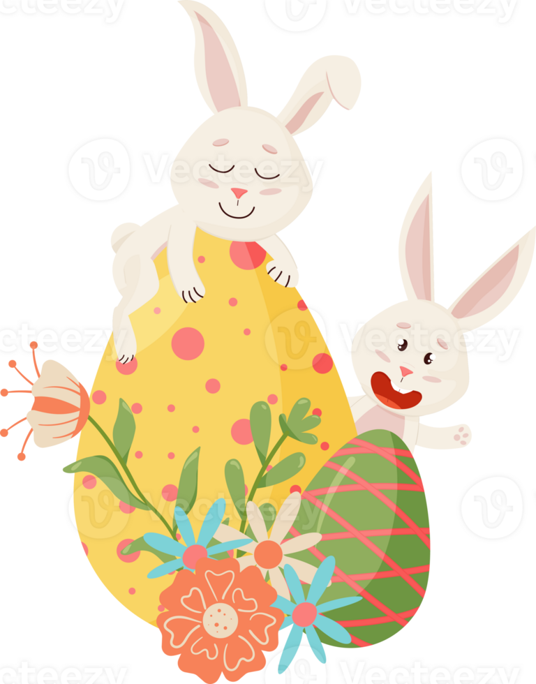Bunnies Character. Sitting on Egg, Smiling Funny, Happy Easter Cartoon Rabbits with Eggs, Flower.PNG png
