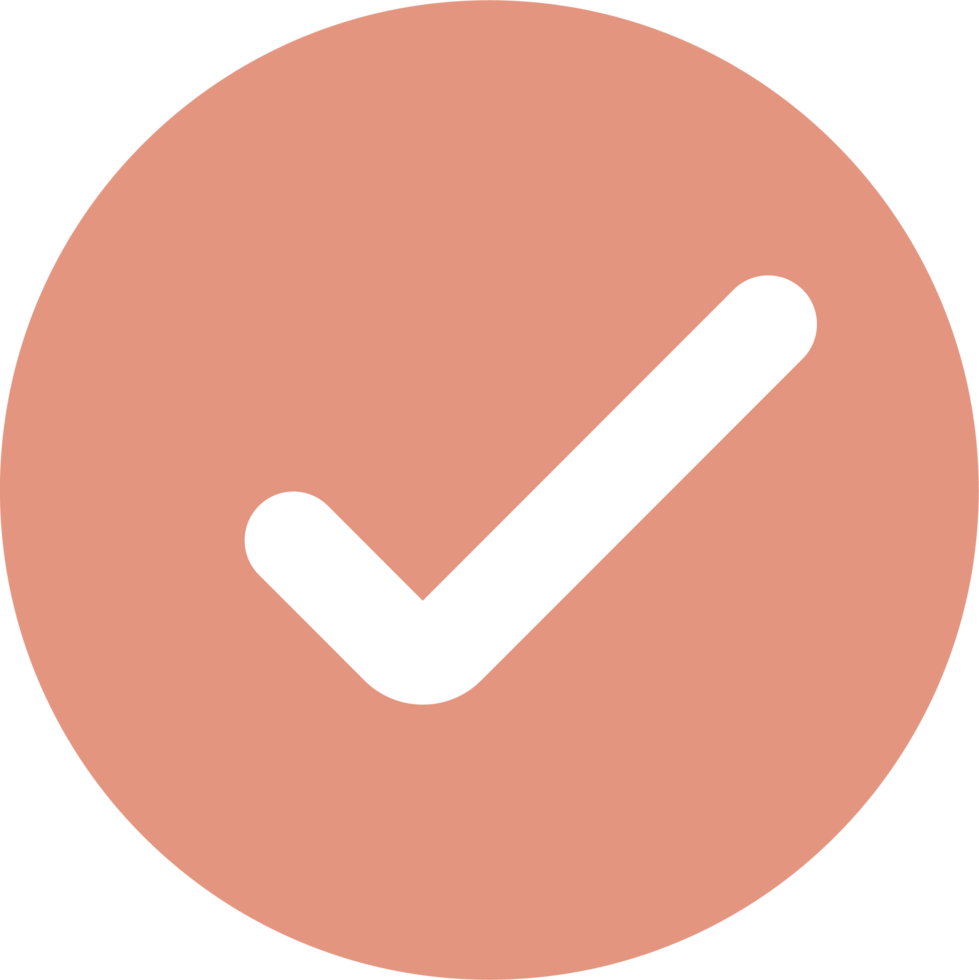 White checkmark inside a peach-colored circle.