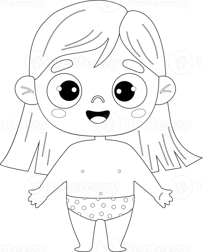 Cute kid girl in shorts. outline png