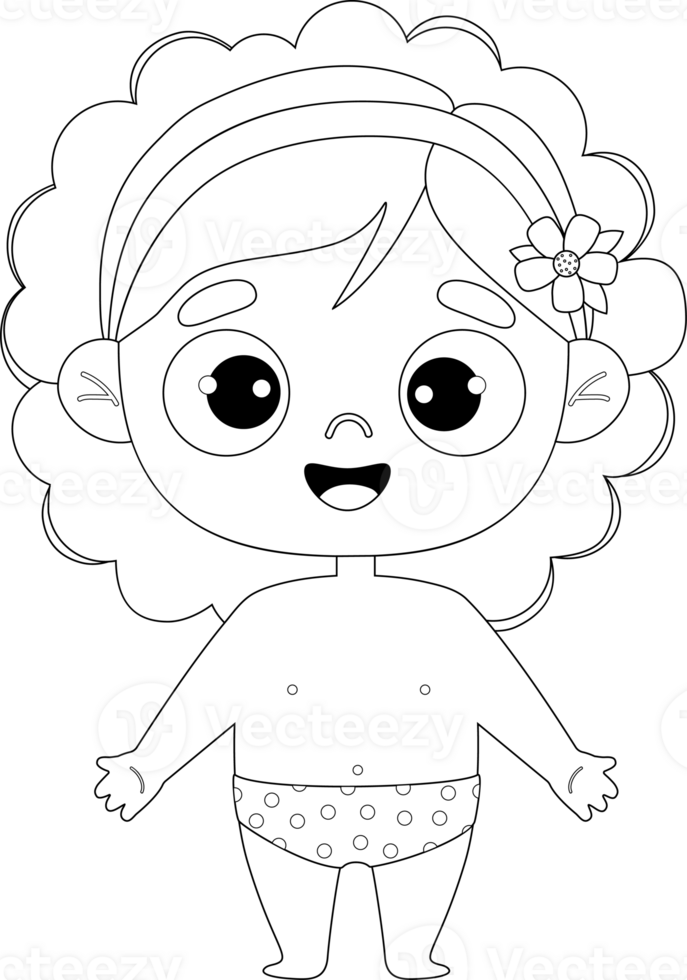 Cute  girl. Outline drawing coloring book png