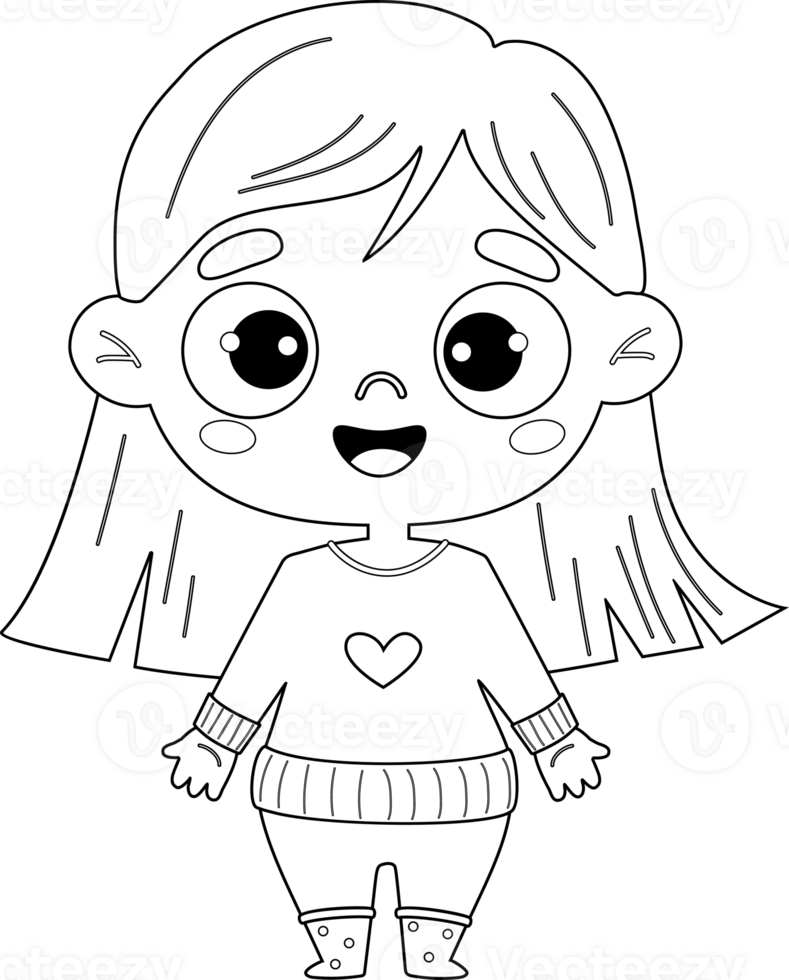 Cute kid girl. Outline drawing coloring book png