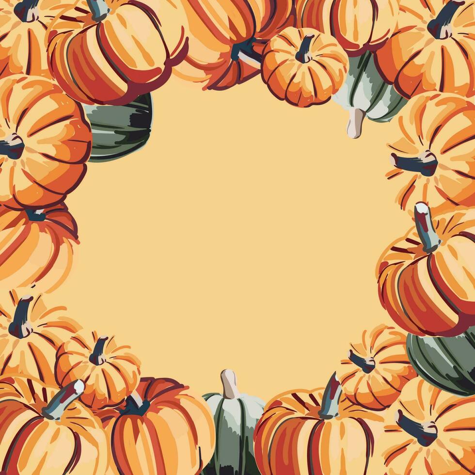 otoño calabazas frontera marco con espacio texto. estacional floral arce roble árbol naranja hojas con calabazas para acción de gracias día festivo, cosecha decoración vector diseño.