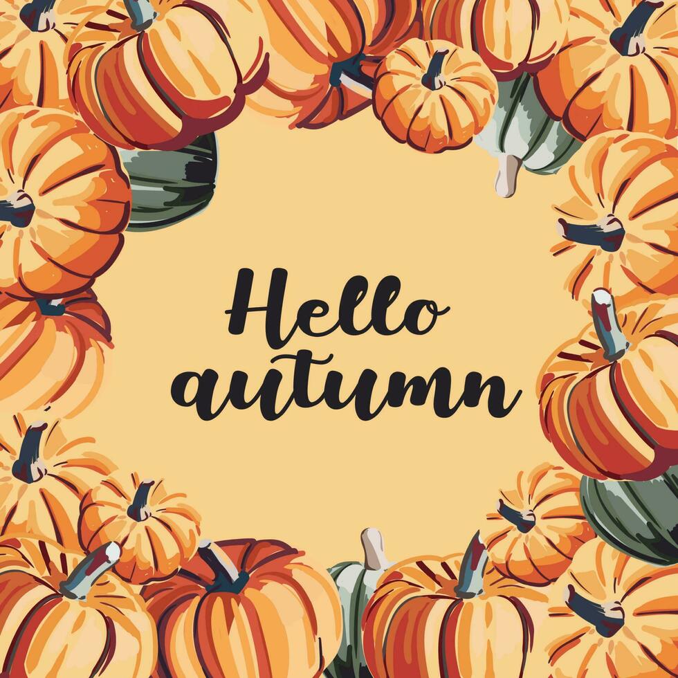 Hello autumn banner or greeting card for the autumn holiday. Pumpkins and inscriptions in a flat style. Vector seasonal illustration.