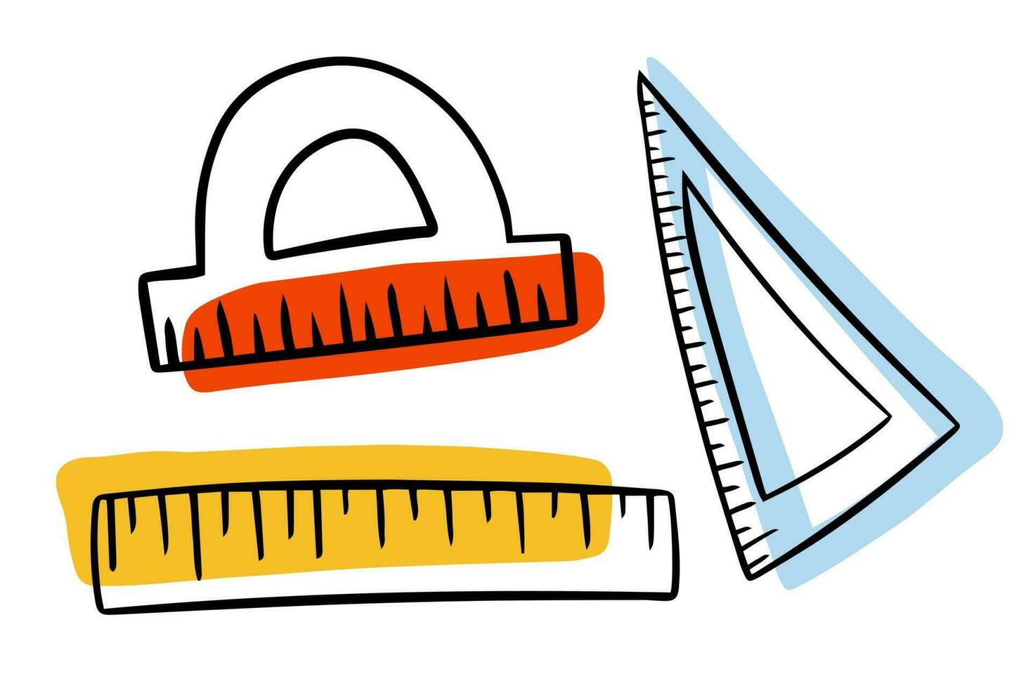 Doodle set of rulers. A set of a protractor, a triangle and a regular ruler. Measuring device. Geometry and Algebra. back to school vector