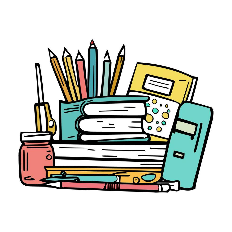 school supplies illustration on isolated background in doodle style vector