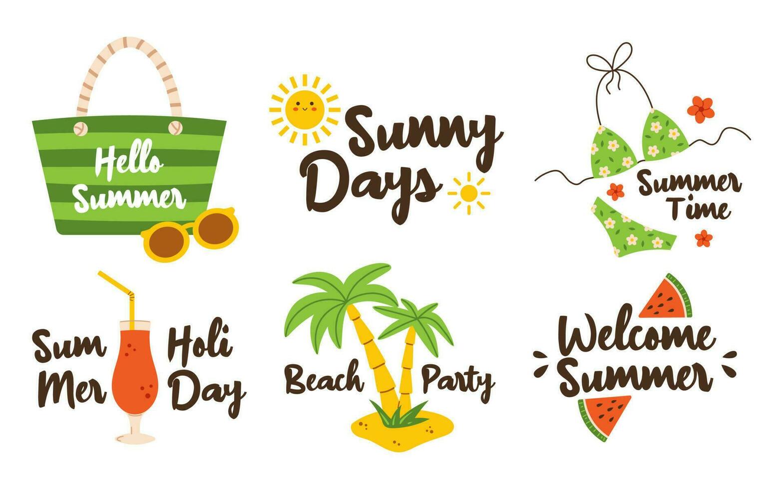 Summer lettering set in flat design. Beach holiday. Summer holiday text collection. Summer badge set. Travel elements. vector