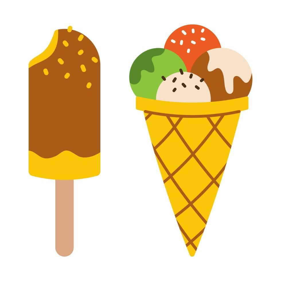 Vector set of ice cream. Waffle cone with scoops of ice cream. Ice cream on chocolate glaze on stick. Summer desserts. Ice cream balls in waffle cone and eskimo pie. Sweet food in flat design.