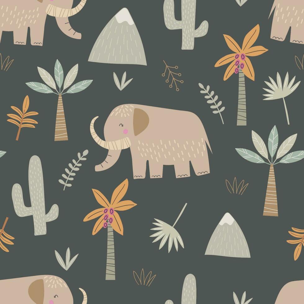 Hand drawn kids seamless pattern with mammoth and tropical leaves, palm, floral elements. Cute vector childish background for fabric, textile