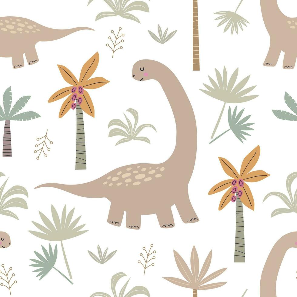 Kids seamless pattern of cute dinosaurs and jungle, palm tree. Vector childish background for fabric, textile, nursery decor