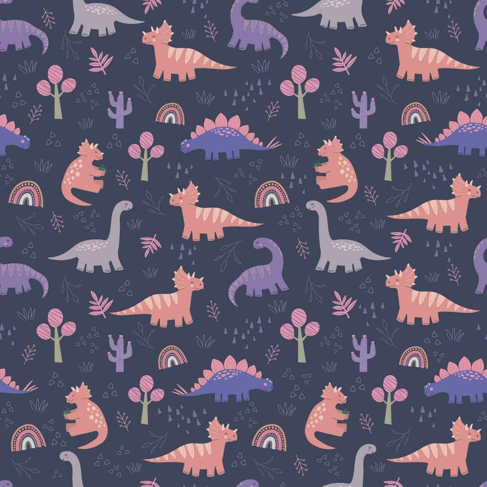 Hand drawn kids seamless pattern with dinosaurs and abstract leaves and plants. vector