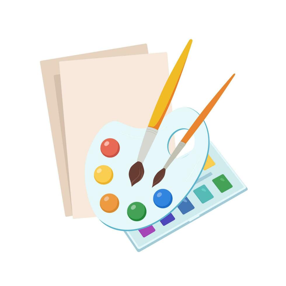 pintura herramientas elementos, Arte suministros. pinturas, cepillos, acuarela, aceite, paleta, papel dibujos animados plano vector ilustraciones.