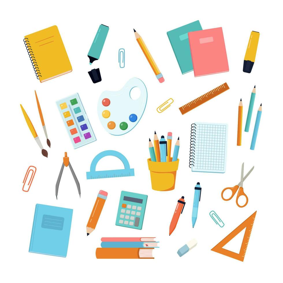 espalda a colegio suministros y educación elementos. conjunto de de colores papelería, libros de texto, cuadernos, calculadora, dibujo, gobernante, cepillar, tijeras. plano dibujos animados vector ilustraciones.