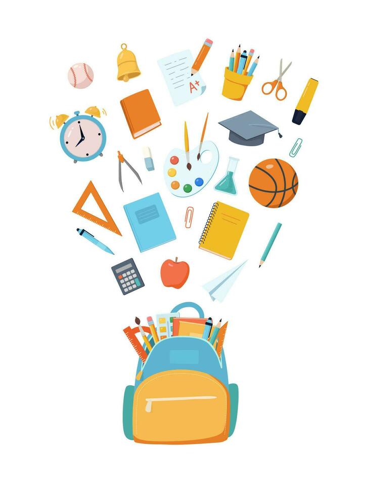 School backpack with fly education items. Stationary, books, ball and clock. Cartoon flat vector illustration