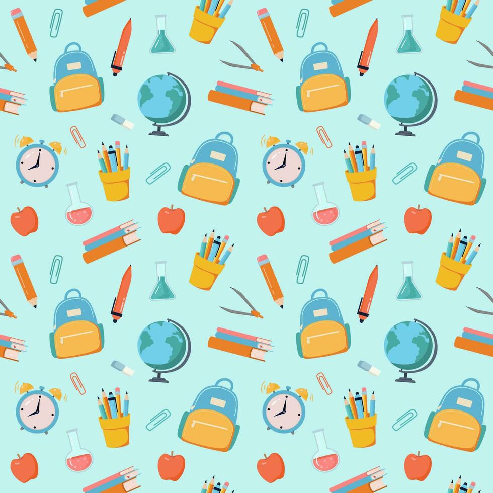Back to school vector seamless pattern. Background with stationery, globe, clock