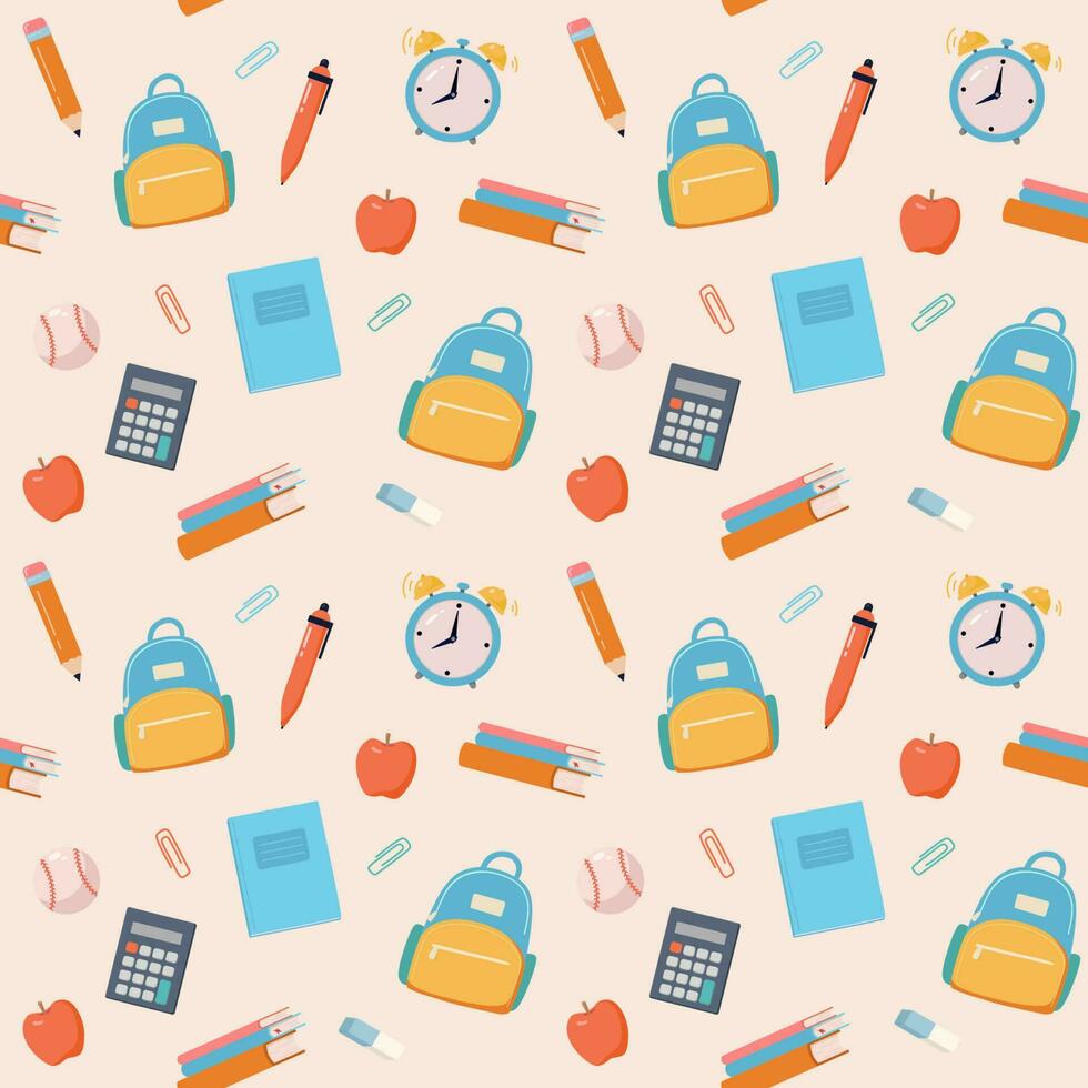 School background. Seamless pattern with study supplies, backpack, clock. Welcome back vector