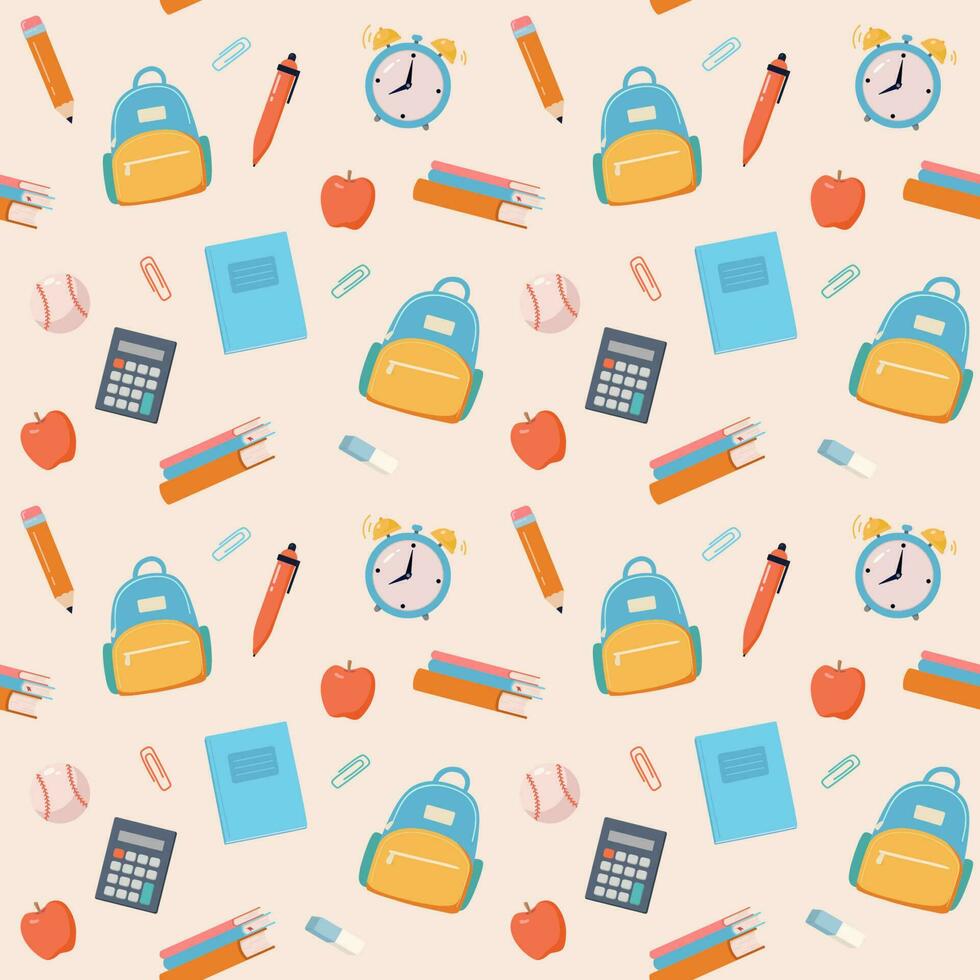 School background. Seamless pattern with study supplies, backpack, clock. Welcome back vector