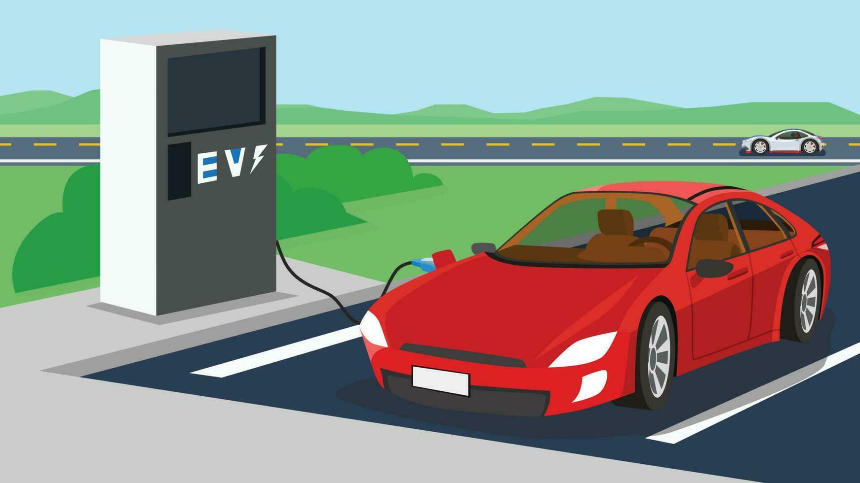 Electric cars charging at provincial stations. Perspective of car. Clear glass to see inside the car. Energy service point. Station beside highway with car on the road. vector