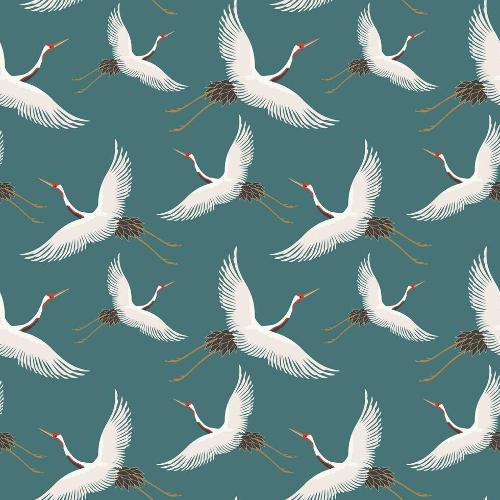 Seamless pattern, white flying cranes on a blue sky background. Background, textile, wallpaper, vector